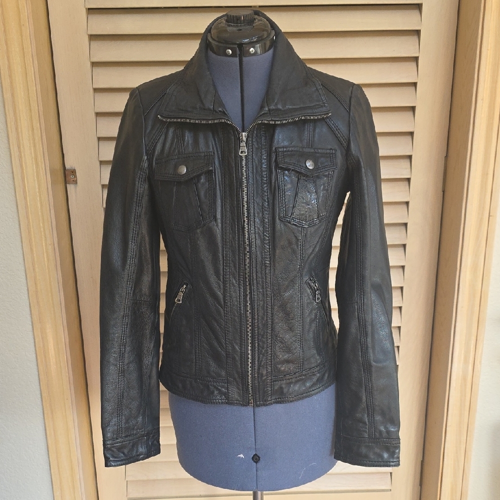Guess Women's Dark Leather Jacket with Zipper Accents